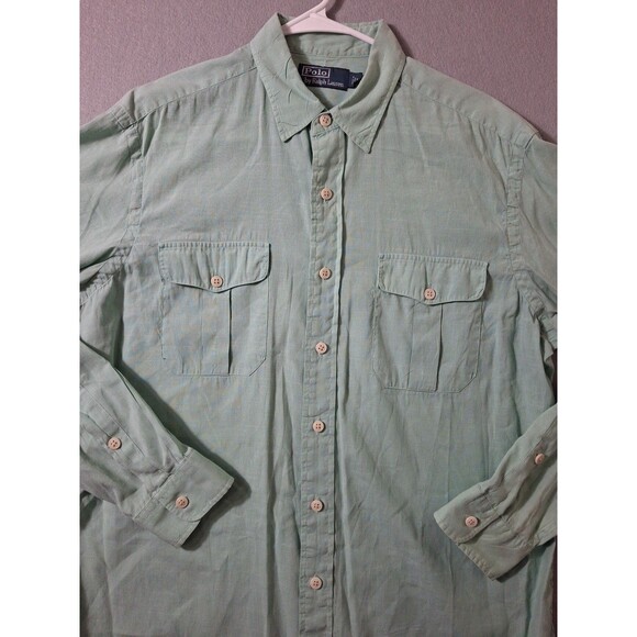Vintage Polo Ralph Lauren Linen Blend Shirt Men Large Green Seafoam  Roll Tab - Picture 2 of 10